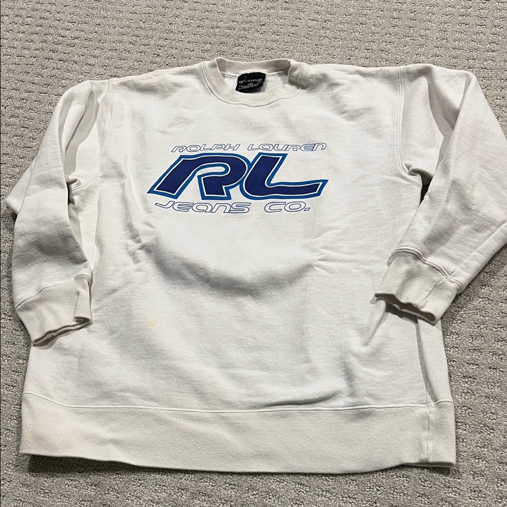 Ralph Lauren White Crewneck Sweatshirt with Blue RL Jeans Logo